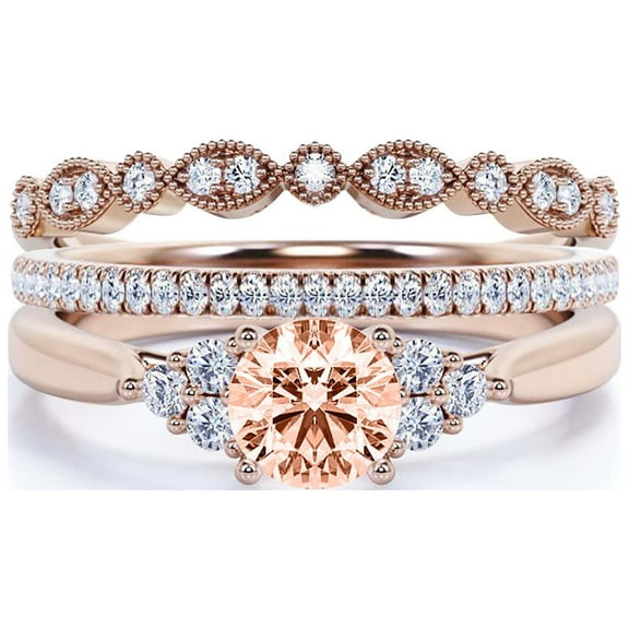 Dazzling Minimalist 2.25 Carat Round Cut, Affordable Morganite And Diamond Moissanite Engagement Ring, Wedding Ring, Two Matching Band in 18k Rose Gold Plating Gift For Her, Promise Ring