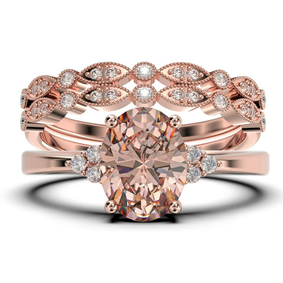 Dazzling Minimalist 2.50 Carat Oval Cut Morganite And Diamond Moissanite Engagement Ring, Classic Wedding Ring, Two Matching Band in 10k Solid Rose Gold, Gift For Loveria, Promise Ring