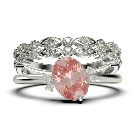 Dazzling Minimalist 2.50 Carat Oval Cut Morganite And Diamond Moissanite Engagement Ring, Wedding Ring, Two Matching Band in 10k Solid White Gold, Gift For Her, Promise Ring, Anniversary Gift