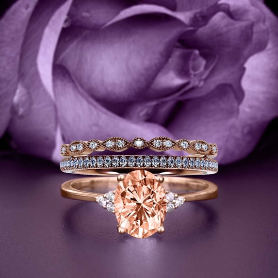 Dazzling Minimalist 2.50 Carat Oval Cut Morganite And Diamond Moissanite Engagement Ring, Wedding Ring, Two Matching Band in Silver With 18k Rose Gold Plating Gift For Loveria, Promise Ring