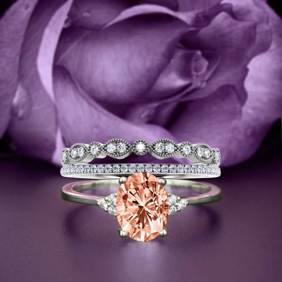 Dazzling Minimalist 2.50 Carat Oval Cut Morganite And Diamond Moissanite Engagement Ring, Wedding Ring, Two Matching Band in Silver With 18k White Gold Plating Gift For Loveria, Promise Ring