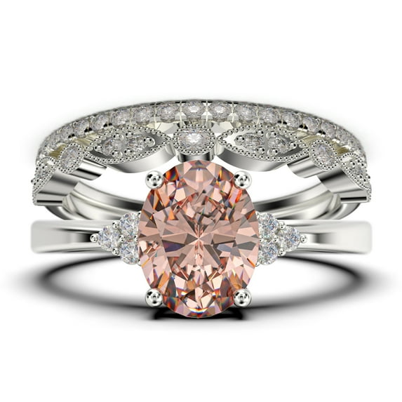 Dazzling Minimalist 2.50 Carat Oval Cut Morganite And Diamond Moissanite Engagement Ring, Wedding Ring, Two Matching Band in Silver With 18k White Gold Plating Gift For Loveria, Promise Ring