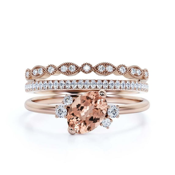 Dazzling Minimalist 2.50 Carat Oval Morganite And Diamond Moissanite Engagement Ring, Wedding Ring, Two Matching Band in 925 Sterling Silver With 18k Rose Gold Plating Gift For Her, Promise Ring