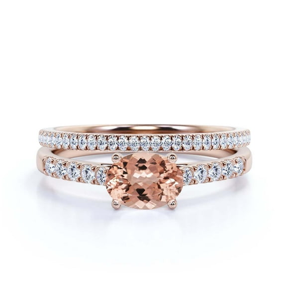 Dazzling Minimalist Art Deco 2.00 Carat Oval Cut Morganite And Diamond Moissanite Unique Engagement Ring, Wedding Ring, One Matching Band in 10k Solid Rose Gold, Gift For Woman, Promise Ring
