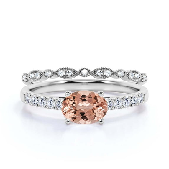 Dazzling Minimalist Art Deco 2.00 Carat Oval Cut Morganite And Diamond Moissanite Unique Engagement Ring, Wedding Ring, One Matching Band In 10K Solid White Gold, Gift For Woman, Promise Ring