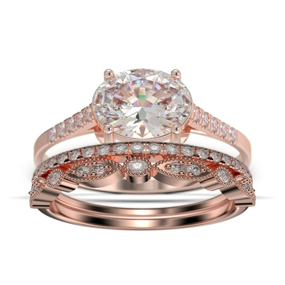 Dazzling Minimalist Art Deco 2.50 Carat Oval Cut Diamond Moissanite Unique Engagement Ring, Wedding Ring, Two Matching Band in 10k Solid Rose Gold, Gift For Woman, Promise Ring