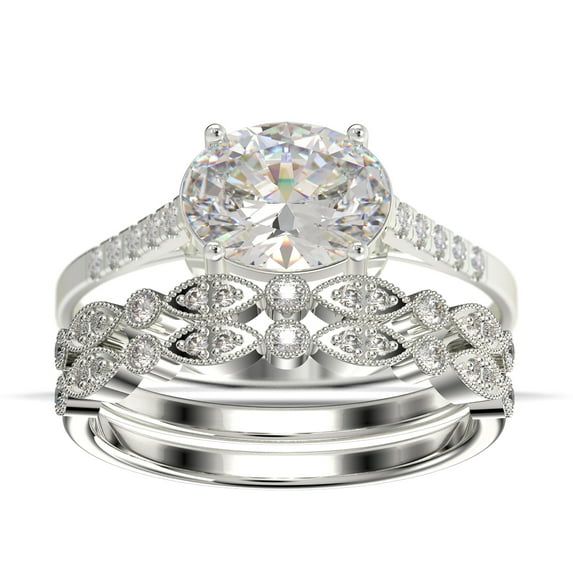 Dazzling Minimalist Art Deco 2.50 Carat Oval Cut Diamond Moissanite Unique Engagement Ring, Wedding Ring, Two Matching Band in 10k Solid White Gold, Gift For Woman, Promise Ring