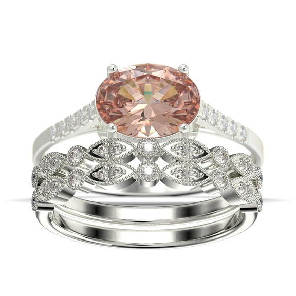 Dazzling Minimalist Art Deco 2.50 Carat Oval Cut Morganite And Diamond Moissanite Unique Engagement Ring, Wedding Ring, Two Matching Band in 10k Solid White Gold, Gift For Woman, Promise Ring