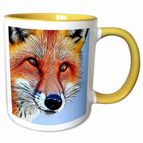 3drose, Dazzling Red Fox Face. Blue Background. Family Friendly Digital Art, 15oz Two-tone Yellow Mug