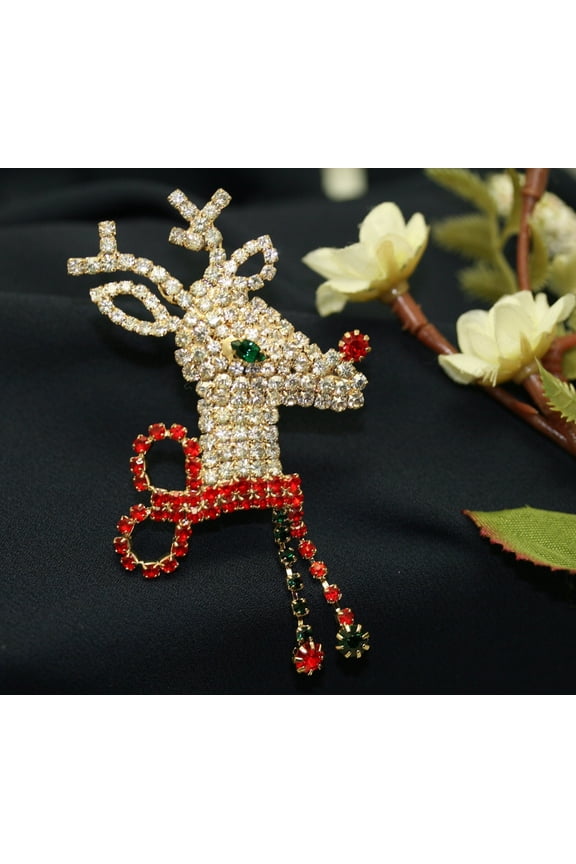 Dazzling Reindeer Christmas Jewelry Stones Brooch, Rhinestone Xmas Reindeer Rudolph Pin, Holiday Jewelry Gift