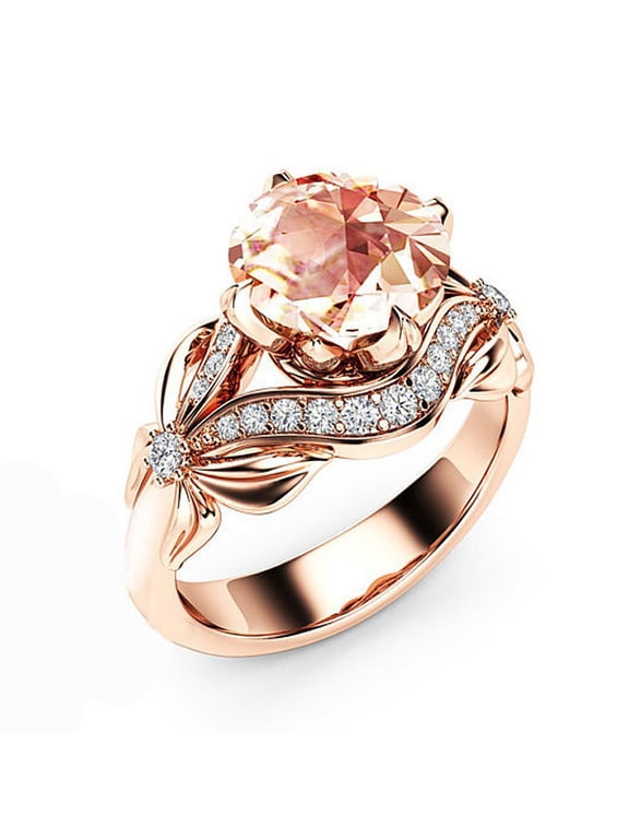New Dazzling Rose Gold Color Metal Flower Round Rose Stone Ring Luxury Party Engagement Wedding Rings for Women Jewelry