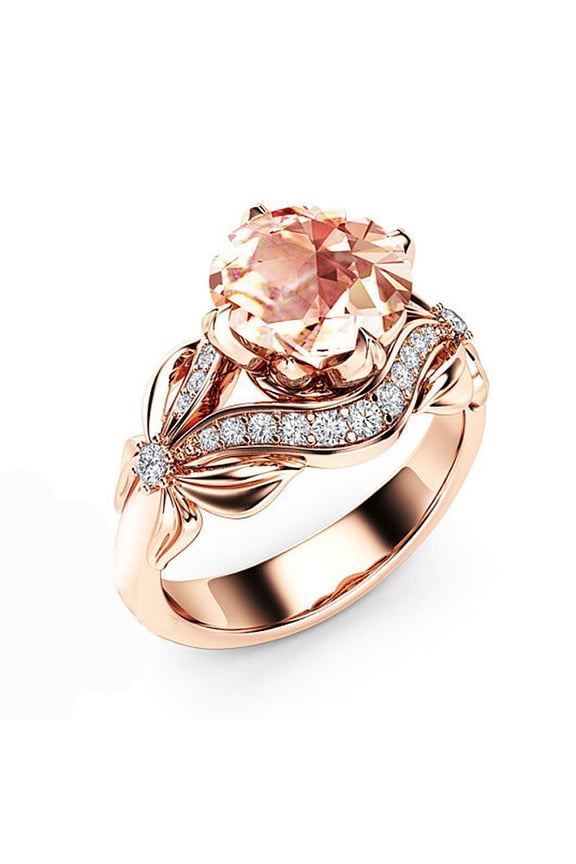 New Dazzling Rose Gold Color Metal Flower Round Rose Stone Ring Luxury Party Engagement Wedding Rings for Women Jewelry