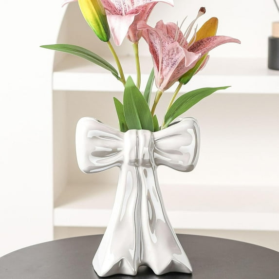 Dazzling White Ceramic Bow Vase for Centerpieces Minimalist Farmhouse Flowers Vase Flower Modern Home Decor Vase Cute Decorative Vase for Table Bathroom Shelf Pen Holder Makeup Brush Holder