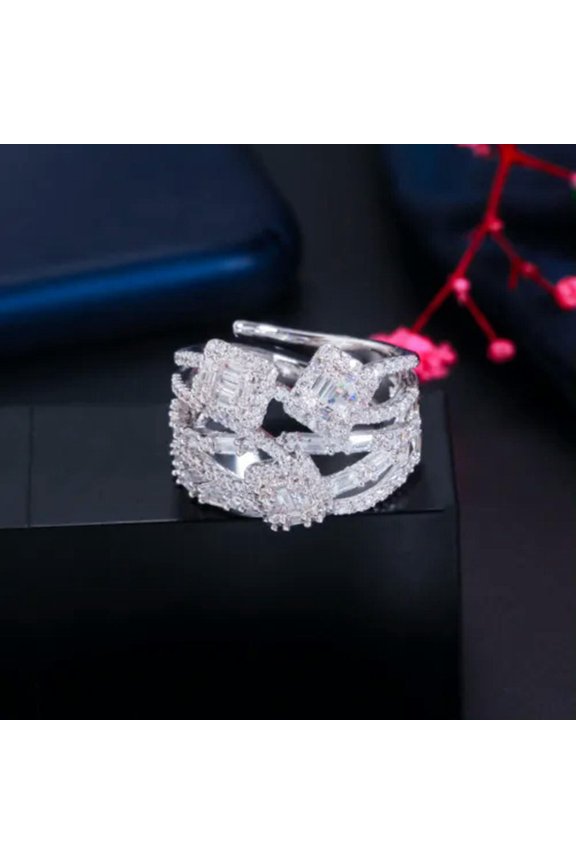 Dazzling White Gold Cross Geometric Multi Layer CZ Wide Open Ring for Engagement