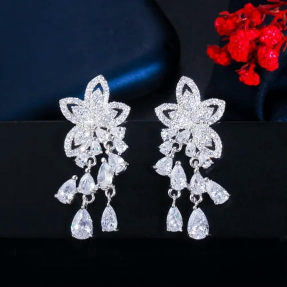 Dazzling Yellow Topaz CZ Flower Tassel Drop Earring for Women 925 Silver Jewelry