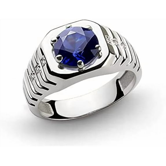 Dazzlingdaimonds Jewels 1.20 Ct Round Cut Blue Sapphire Wedding Engagement Band Pinky Ring 14K White Gold Plated 925 Sterling Silver For Men's -10