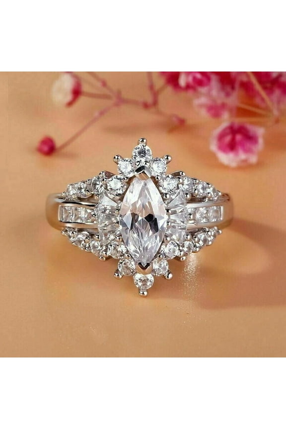 1.20 Ctw Marquise Cut White Diamond Wedding Anniversary Engagement Band Ring 14K White Gold Plated 925 Sterling Silver 925 Sterling Silver -8