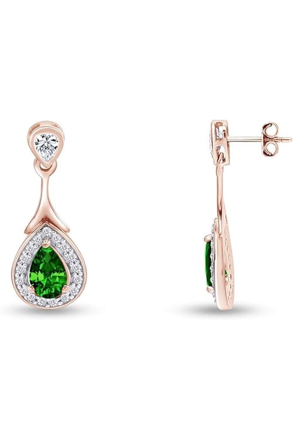 1.55 Ctw Pear Cut Emerald & Diamond Engagement Wedding Christmast Drop Dangle Earring's 14K Rose Gold Plated 925 Sterling Silver For Women's