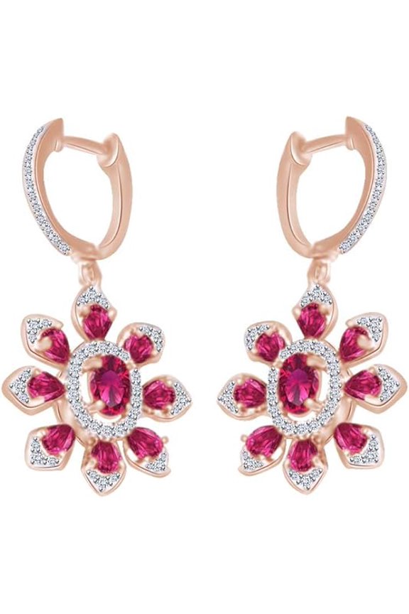 1.85 Ctw Round Cut Ruby & Diamond Engagement Wedding Christmast Drop Dangle Earring's 14K Rose Gold Plated 925 Sterling Silver For Women's