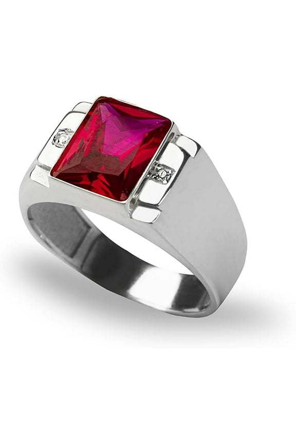14K White Gold Plated 1.50 Ct Emerald Cut Red Ruby Wedding Engagement Band Pinky Ring 925 Sterling Silver For Men's -10