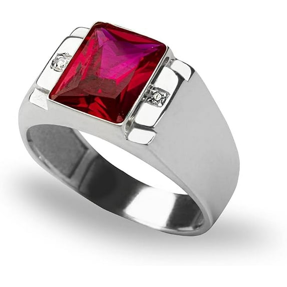 Dazzlingdaimonds Jewels 14K White Gold Plated 1.50 Ct Emerald Cut Red Ruby Wedding Engagement Band Pinky Ring 925 Sterling Silver For Men's -9