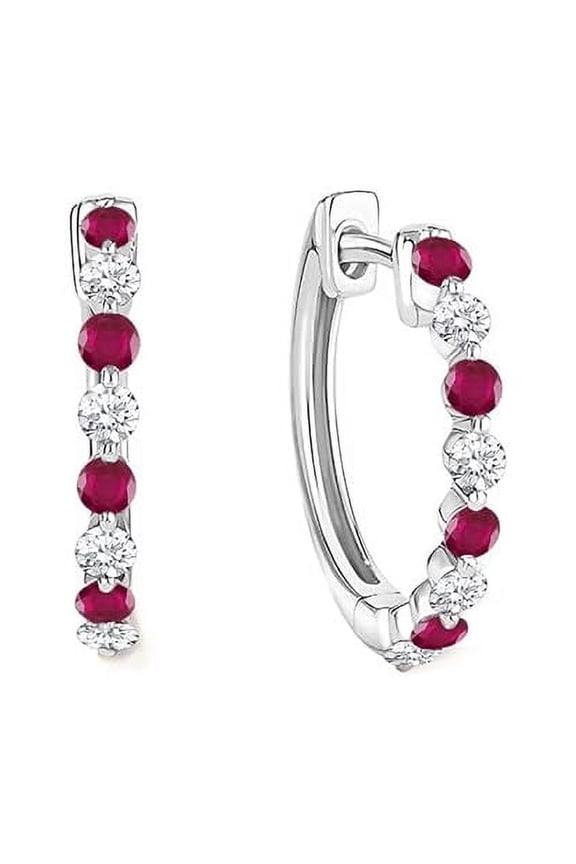 14K White Gold Plated 2.28 Ct Round Cut Ruby & White Diamond Clip On Hoop Earring's 925 Sterling Silver For Women's