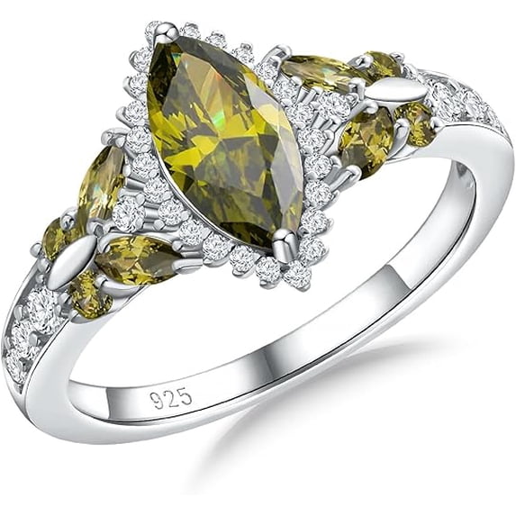 Dazzlingdaimonds Jewels 14K White Gold Plated 2.50 Ct Marquise Cut Peridot & Diamond Wedding Engagement Christmas Halo Ring 925 Sterling Silver For Women's -5.5