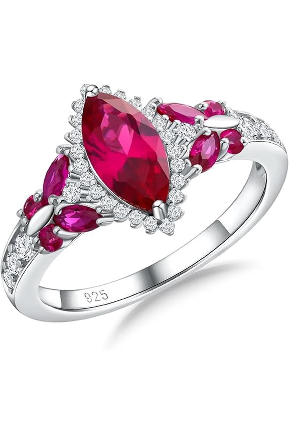 14K White Gold Plated 2.50 Ct Marquise Cut Ruby & Diamond Wedding Engagement Christmas Halo Ring 925 Sterling Silver For Women's -8.5