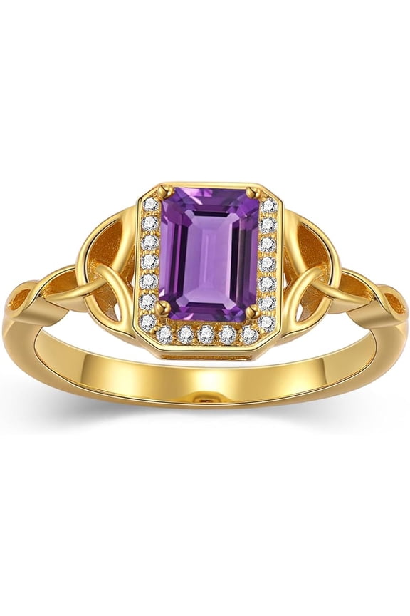 14K Yellow Gold Plated 925 Sterling Silver 2.50 Ct Emerald Cut Amethyst Engagement Wedding Christmas Thanksgiving Halo Ring For Women's -7.5