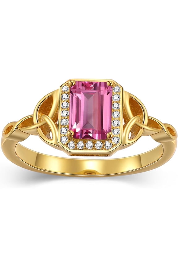 14K Yellow Gold Plated 925 Sterling Silver 2.50 Ct Emerald Cut Pink Sapphire Engagement Wedding Christmas Thanksgiving Halo Ring For Women's -10