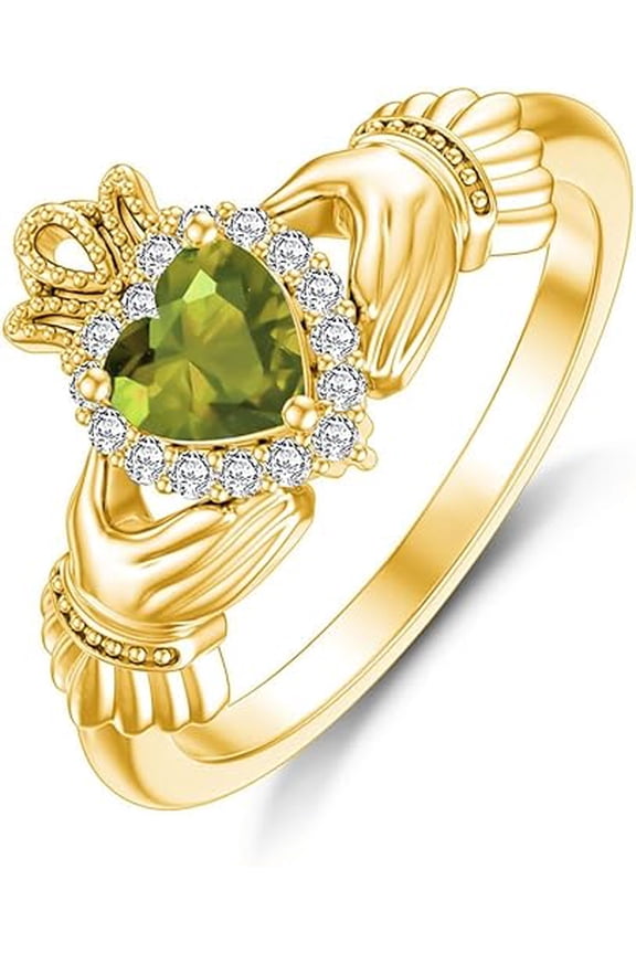 2.00 Ct Heart Cut Peridot and White Diamond Engagement Wedding Irish Claddagh Promise Band Ring 14K Yellow Gold Plated 925 Sterling Silver For Women's -6