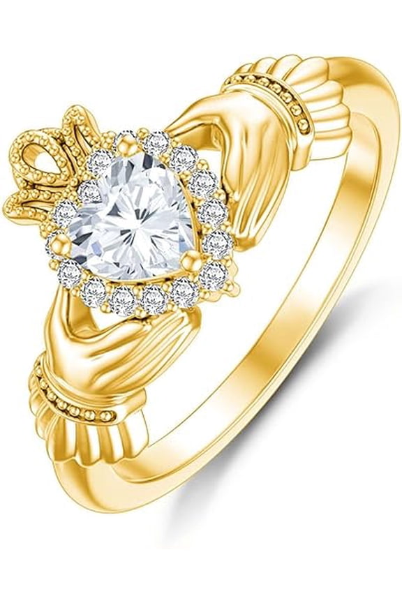 2.00 Ct Heart Cut White Diamond Engagement Wedding Irish Claddagh Promise Band Ring 14K Yellow Gold Plated 925 Sterling Silver For Women's -8