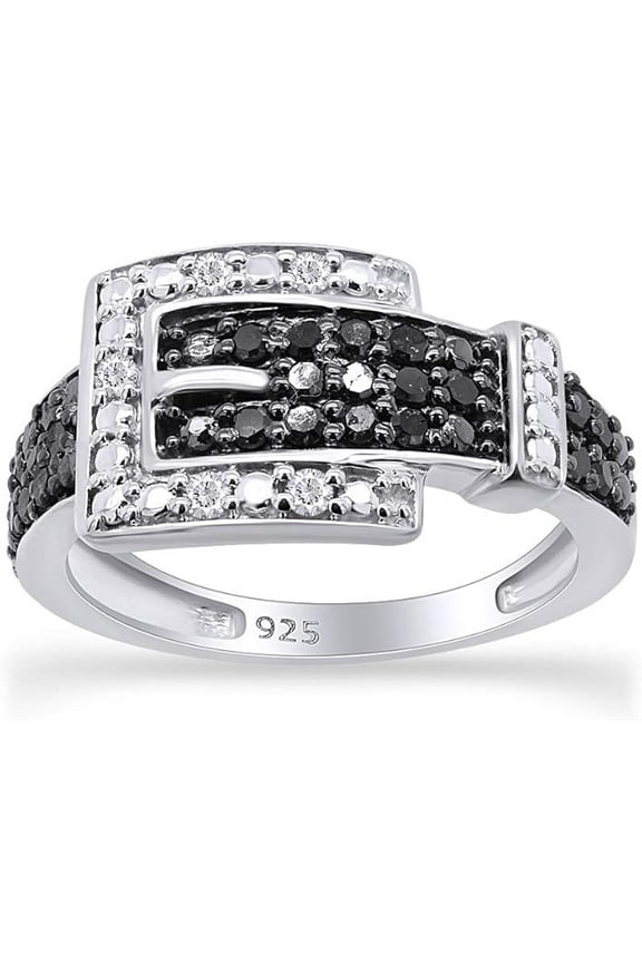 2.00 Ct Round Cut Black & White Diamond Engagement Wedding Belt Buckle Band Ring 14K White Gold Plated 925 Sterling Silver For Women's -10