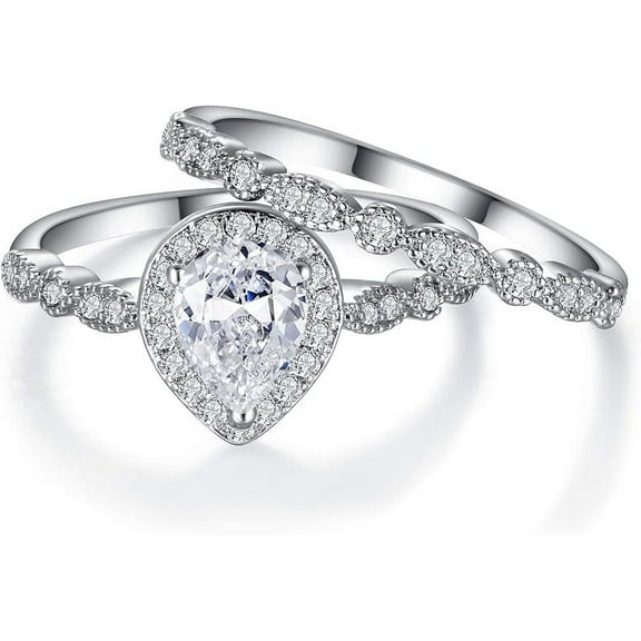 Dazzlingdaimonds Jewels 2.15 Ct Pear Cut White Diamond Engagement Wedding Thanksgiving Christmas Bridal Ring Set 14K White Gold Plated 925 Sterling Silver For Women's -7