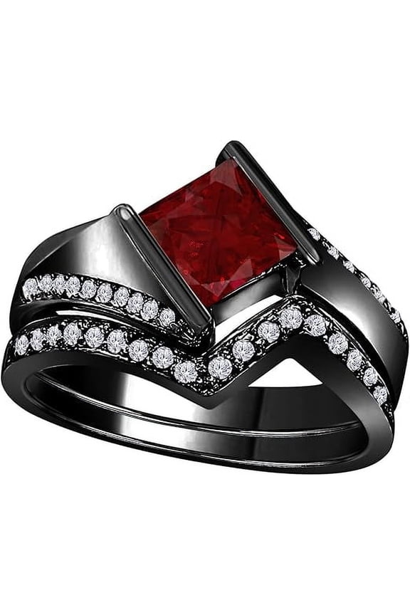 2.40 Ct Princess Cut Red Ruby Wedding Engagement Thanksgiving Christmas Bridal Ring Set 14K Black Gold Plated 925 Sterling Silver For Women's -8