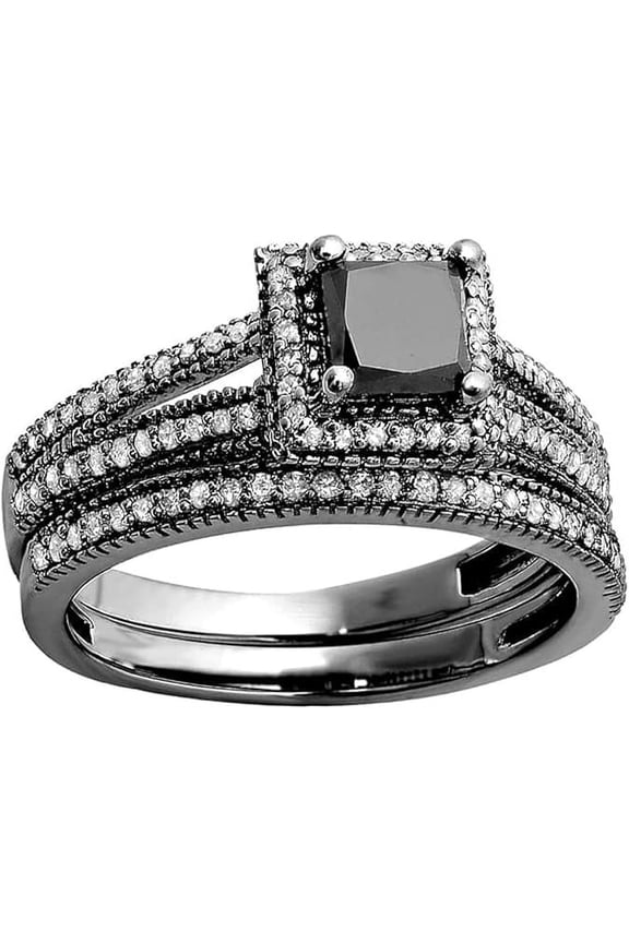 2.50 Ct Princess Cut Black Diamond Wedding Engagement Thanksgiving Christmas Bridal Ring Set 14K Black Gold Plated 925 Sterling Silver For Women's -4