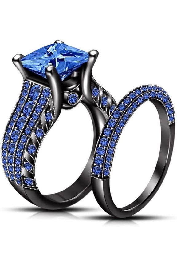2.50 Ct Princess Cut Blue Sapphire Wedding Engagement Thanksgiving Christmas Bridal Ring Set 14K Black Gold Plated 925 Sterling Silver For Women's -10
