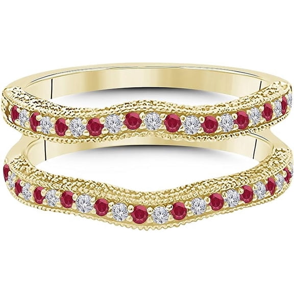 Dazzlingdaimonds Jewels 2.50 Ct Round Cut Red Ruby & Diamond Engagement Thanksgiving Christmas Enhancer Wrap Guard Ring 925 Sterling Silver 14K Yellow Gold Plated For Women's -8