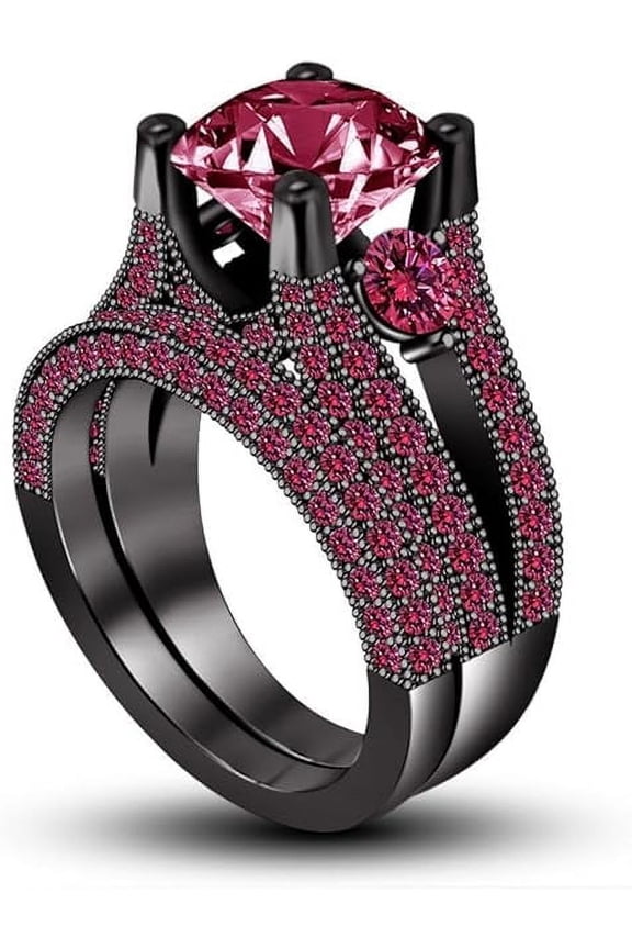 2.50 Ct Round Cut Red Ruby Wedding Engagement Thanksgiving Christmas Bridal Ring Set 14K Black Gold Plated 925 Sterling Silver For Women's -5