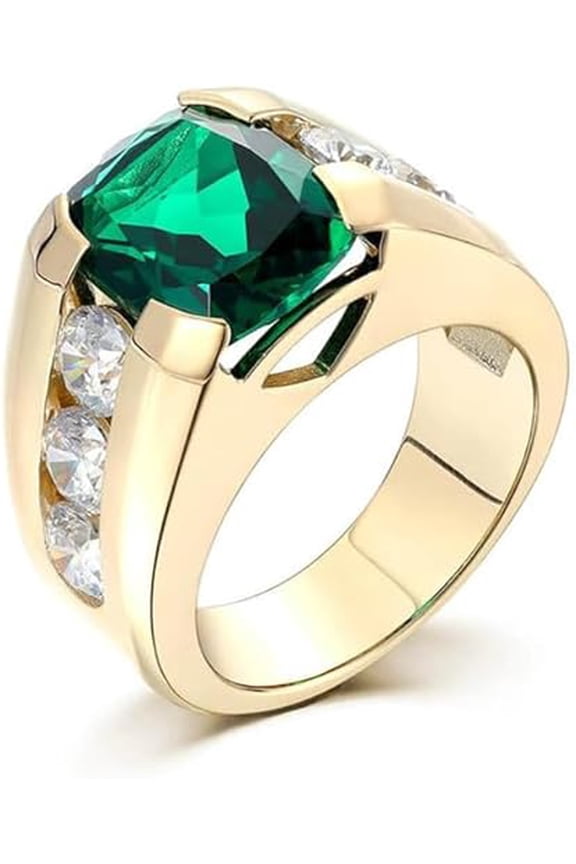 3.00 Ct Cushion Cut Emerald & Diamond Engagement Wedding Thanksgiving Christmas Pinky Band Ring 14K Yellow Gold Plated 925 Sterling Silver For Men's -9