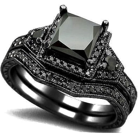 Dazzlingdaimonds Jewels 3.00 Ct Princess Cut Black Diamond Wedding Engagement Thanksgiving Christmas Bridal Ring Set 14K Black Gold Plated 925 Sterling Silver For Women's -10