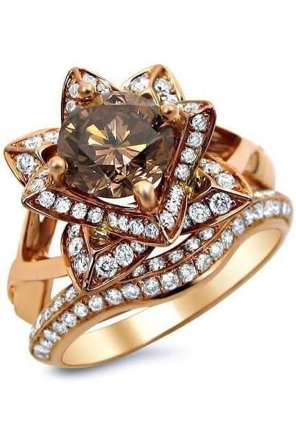 3.00 Ct Round Cut Brown Diamond Engagement Wedding Thanksgiving Christmas Bridal Ring Set 14K Rose Gold Plated 925 Sterling Silver For Women's -5