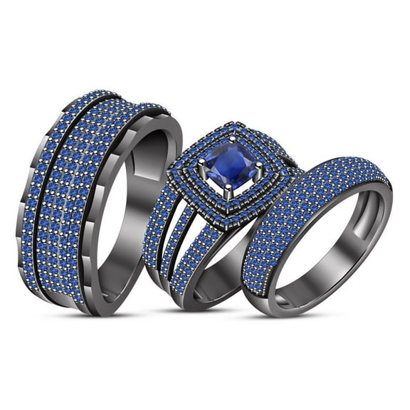 Dazzlingdaimonds Jewels 3.00 Ctw Cushion Cut Blue Sapphire Wedding Anniversary His & Her Wedding Ring Trio Set Band Ring 14K Black Gold Plated 925 Sterling Silver 925 Sterling Silver -8
