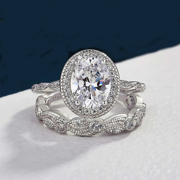 Dazzlingdaimonds Jewels 3.00 Ctw Oval Cut White Diamond Wedding Anniversary Engagement Bridal Set Ring 14K White Gold Plated 925 Sterling Silver 925 Sterling Silver -4