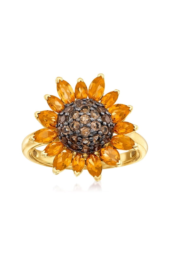 3.00Ct Round Cut Citrine & Smoky Quartz Sunflower Engagement Wedding Band Ring 14K Yellow Gold Plated 925 Sterling Silver For Women's -4