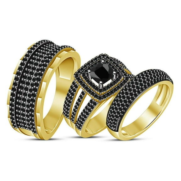 Dazzlingdaimonds Jewels 3.40 Ctw Cushion Cut Black Diamond Wedding Anniversary His & Her Wedding Ring Trio Set Band Ring 14K Yellow Gold Plated 925 Sterling Silver 925 Sterling Silver -6