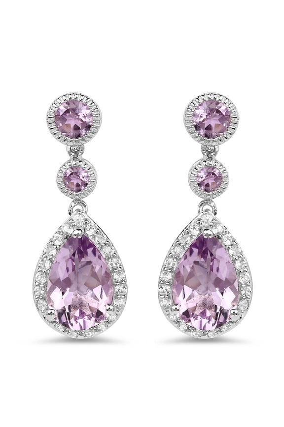 925 Sterling Silver 1.10 Ct Pear Cut Amethyst & Diamond Push Back Drop Earring's 14K White Gold Plated For Women's