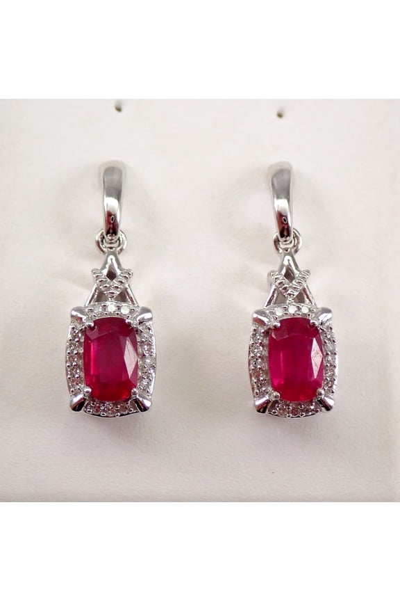 925 Sterling Silver 1.30 Ctw Cushion Cut Ruby & Diamond Engagement Wedding Drop Dangle Earring's 14K White Gold Plated For Women's