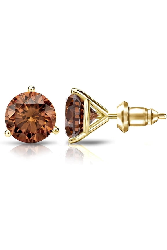 925 Sterling Silver 1.60Ct Round Cut Brown Diamond Lock Back Ladies Stud Earring's 14K Yellow Gold Plated For Women's