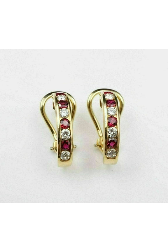 925 Sterling Silver 1.70 Ct Round Cut Ruby & Diamond Hoop Earring's 14K Yellow Gold Plated For Women's